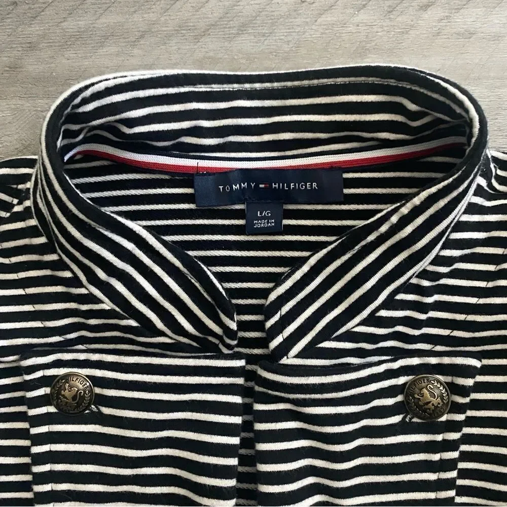 Tommy Hilfiger Stripe Puff Sleeve Jacket Large With Pockets Navy - Picture 6 of 13